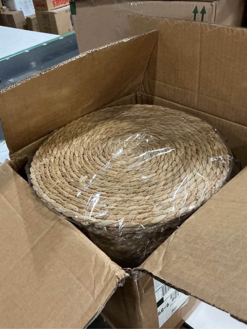 Condition photo showing New/Like New for 40 Pcs 12 Inch Round Woven Placemats with 20pcs Pearl Napkin Rings?Rattan Placemats Bulk Boho Woven Chargers Natural Water Hyacinth Place Mat for Wedding Party, Dinner Table Brown-40pcs 12inch