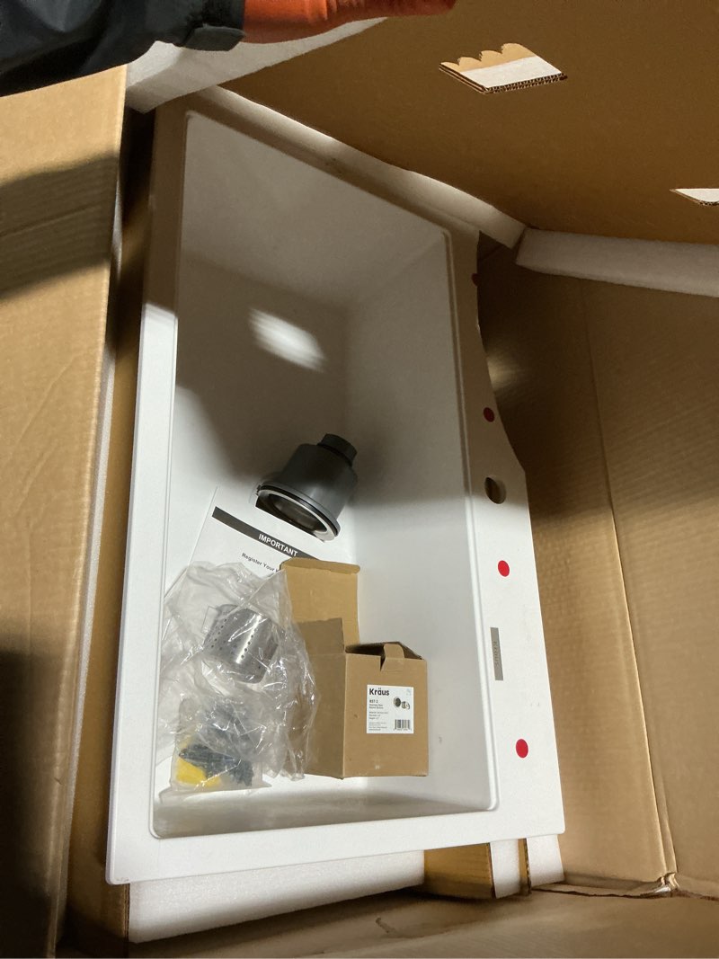 Condition photo showing As Is for kraus quarza 31-inch granite drop-in/undermount single bowl white kitchen sink, kgd-412bwhite white 31 inch single bowl