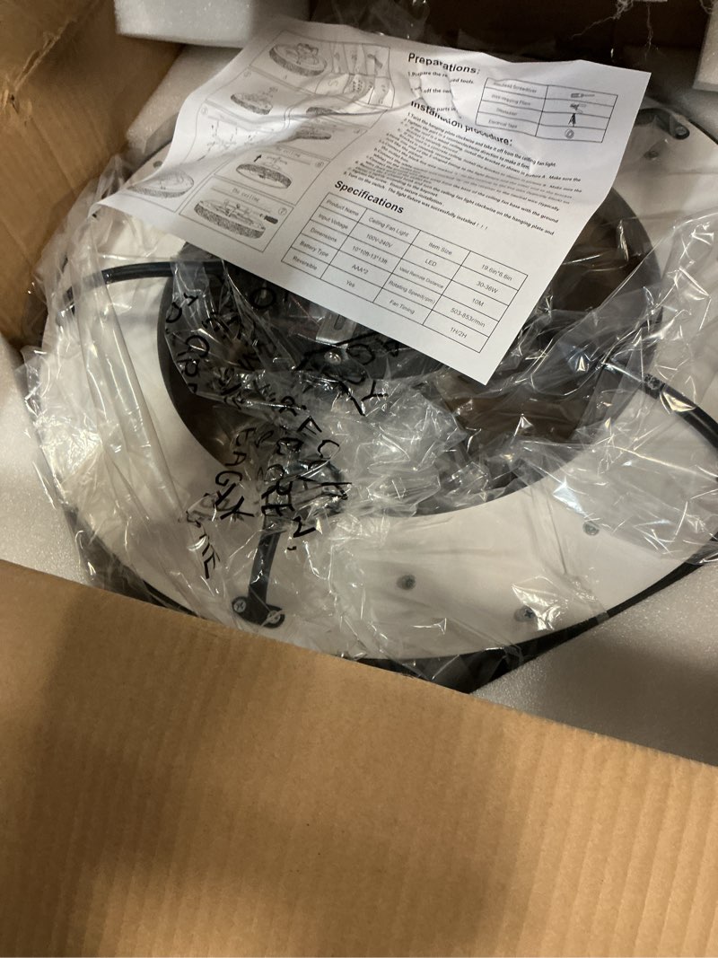 Condition photo showing New/Like New for 20" smart rgb ceiling fan with light and remote/app control. this bladeless fan has a sleek black design. it features a dimmable, color-changing rgb light. this makes it ideal for bedrooms, kids' room