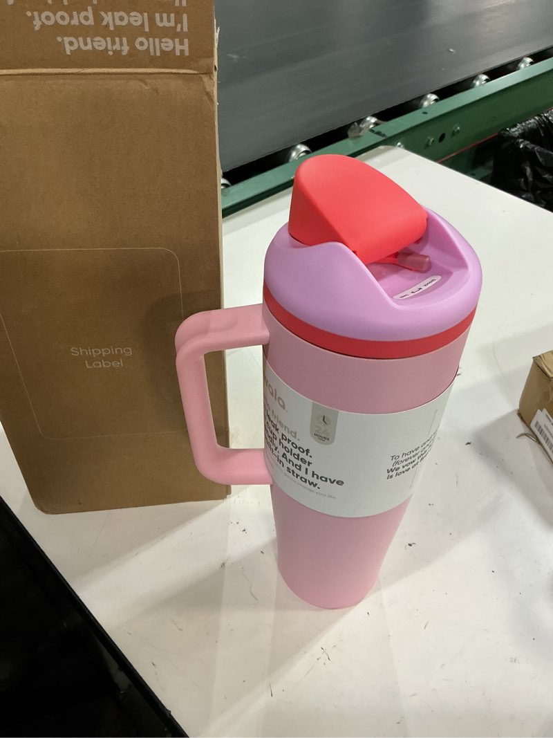 Condition photo showing Good Condition for owala freesip tumbler insulated stainless steel water bottle with built-in straw and side handle, for travel, work, school, and sports, 40oz, bpa free, leak proof, angel food cake angel food cake 40 ounces