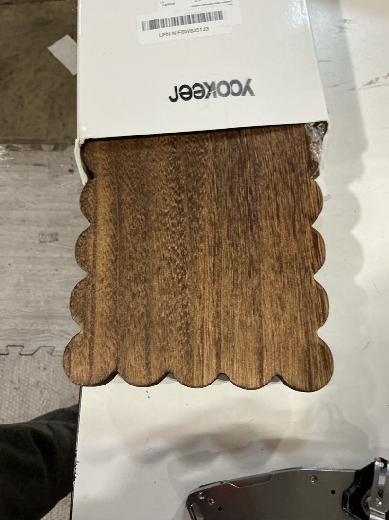 Condition photo showing Good Condition for yookeer scalloped wood riser tray soap rustic bathroom decoration scalloped stand soap tray wooden decorative pedestal farmhouse stand decor for bathroom kitchen bottles dishes plant candles display brown 8.7''x 6''x 1.4'' square