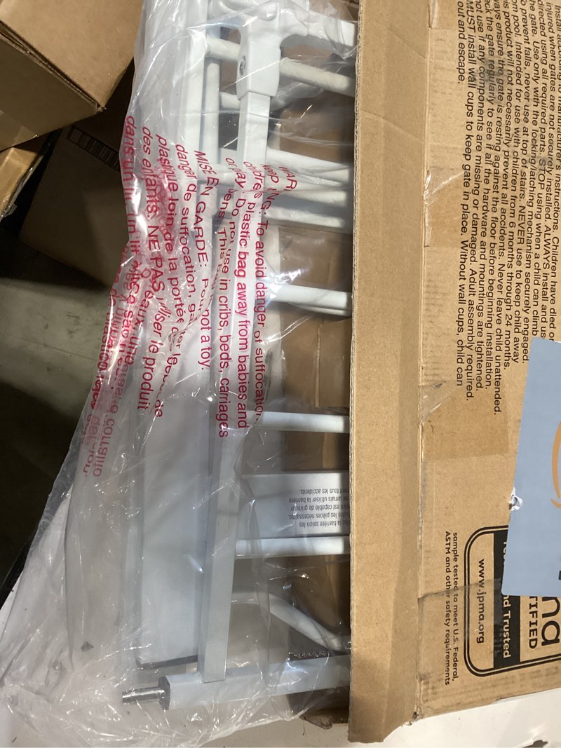 Condition photo showing New/Like New for regalo safety 38" baby gate for doorways & bottom of stairs, pressure mount design for babies, toddlers & pets, tested & safe for 30 years, american designed, american owned, white white 29-38.5"w x 30"h