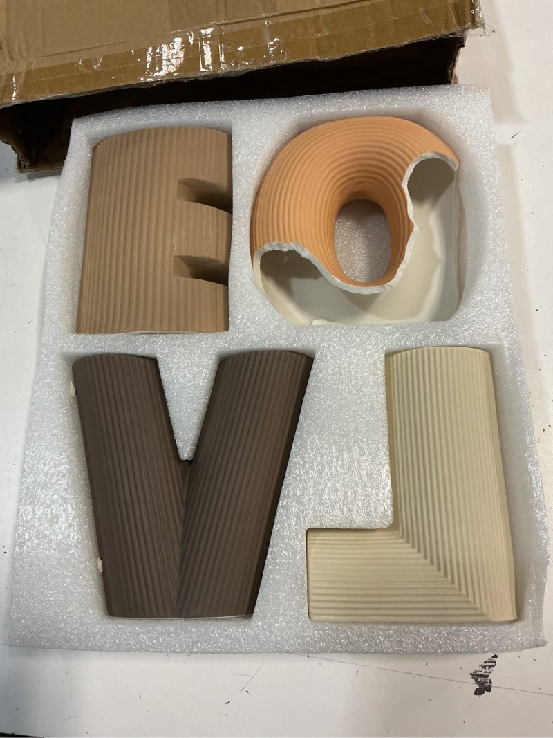 Condition photo showing As Is for modern ceramic vase set of 4, love letter shaped decorative vases, neutral boho home decor for table centerpiece, living room, bedroom, wedding, gift (khaki, dark brown, orange, beige) beige/orange/dark brown/khaki
