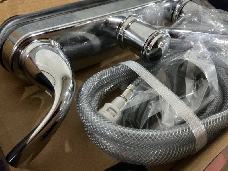 Condition photo showing Good Condition for project source dover chrome double handle deck-mount kitchen faucet (includes deck plate) (includes side sprayer)