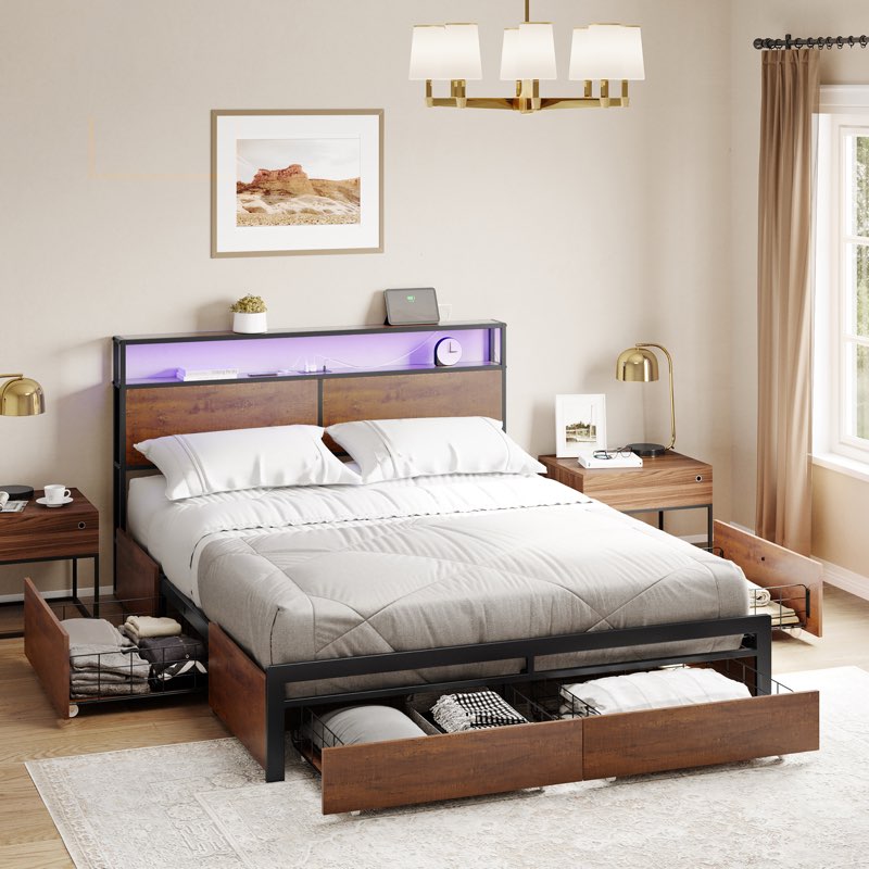 King Antioch Modern Bed Frame with 4 Drawers, LED Light and Charging Station