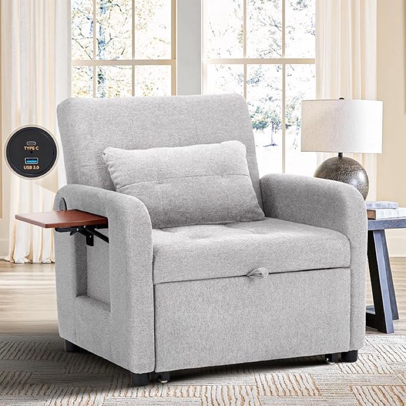 colamy convertible sleeper chair-fabric futon sofa bed, single sleeper sofa, small couch bed with usb port, removable pillow, adjustable backrest for dorm/bedroom/college lightgrey