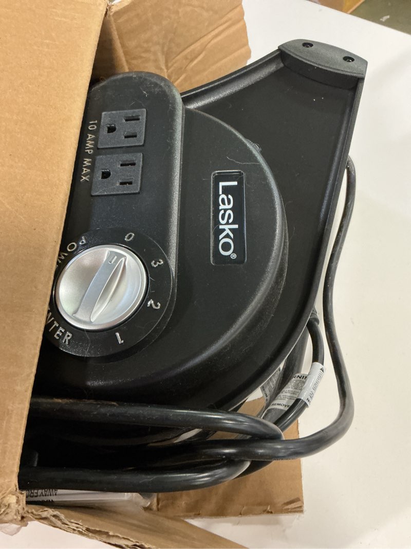 Condition photo showing As Is for Lasko Portable Utility Fan, 12” 289 CFM Pivoting High Velocity Air Mover Blower Fan, 3 Speeds, 2 Accessory Outlets 120V, Black, U12104 Classic