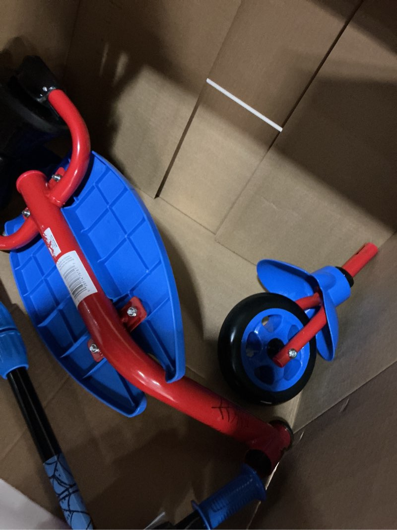 Condition photo showing As Is for Huffy Marvel and Disney Ride On Toys for Toddlers 1-3 Boys, Tricycle for Toddlers Age 3-5, LED Light-Up Feature and More, 2 or 3 Wheel Scooters Ages 2-10, Spiderman Toy, Black Panther, Disney Cars