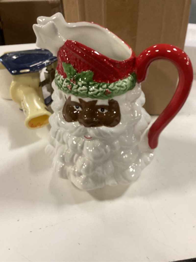 Condition photo showing Good Condition for Christmas 58 OZ Large Relief Porcelain Jug, Festive Holiday for Milk, Cream, Juice, Collectible Elegant Tableware for Xmas Celebrations - Rustic Ceramic Vintage Water Bottle Pitcher (Xmas Man)