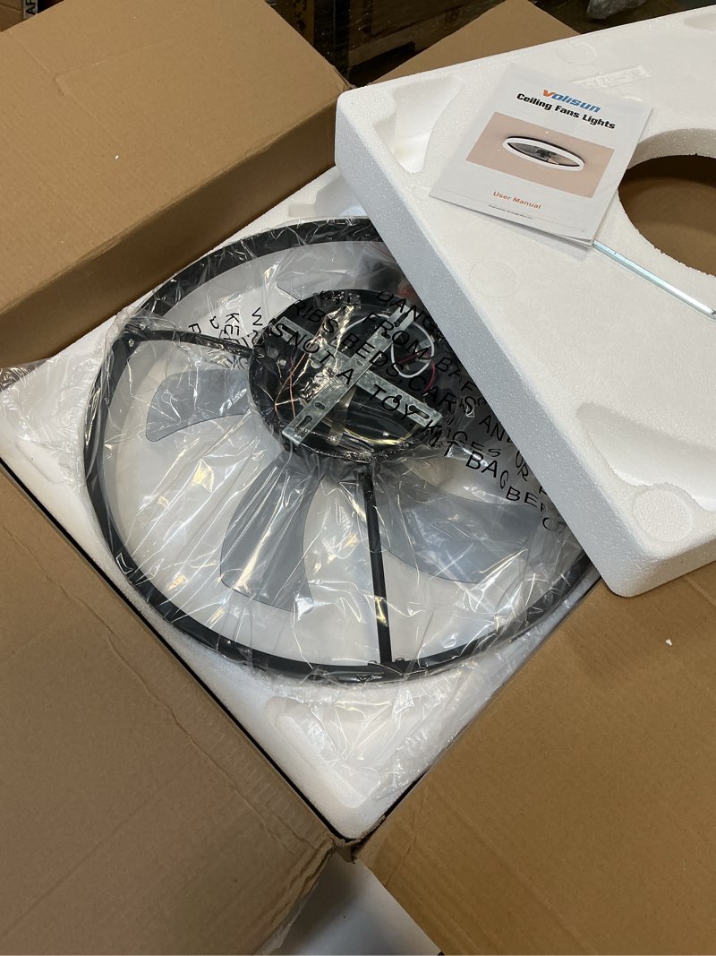 Condition photo showing New/Like New for VOLISUN Low Profile Ceiling Fans with Lights and Remote, Fandelier Ceiling Fan Flush Mount, 3000K-6500K Smart Bladeless LED Fan Light, Black Modern Ceiling Fans with Lights for Bedroom Black 19.7 INCH