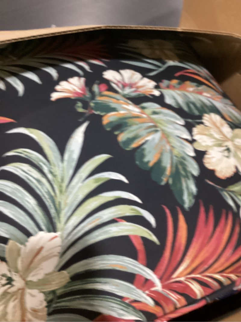 Condition photo showing Good Condition for arden outdoor deep seat cushion set (2-pack), 24 in x 24 in, weather-proof, rain-proof, fade resistant patio cushion for chair, sofa, and couch simone black tropical polyfill simone black tropical 2 pack