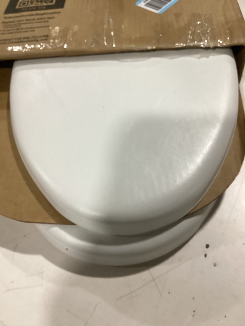 Condition photo showing Good Condition for Mayfair Padded Toilet Seat with Chrome Hinges, Soft Vinyl over Wood Core Seat, Made in USA, Elongated, White