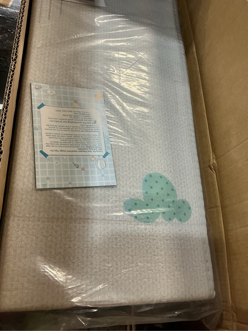 Condition photo showing New/Like New for LUTIKIANG 79" x 71" Baby Playpen with Upgrade Mat, Portable Play Yard for Babies and Toddlers, Extra Large Baby Gate Playpen, Play Pin, Fence Area, Includes Ocean Balls, Pulling Rings Grey 79" x 71" with LDPE Mat