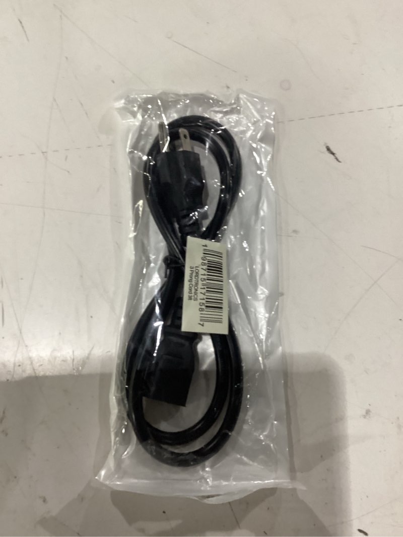 Condition photo showing New/Like New for standard 3ft 10 amps 125 volts black 3 prong ac power cord cable for electronics, tv, computer, printer, radio, monitor, laptop, samsung, dell, vizio, lg, asus, and more 3-feet