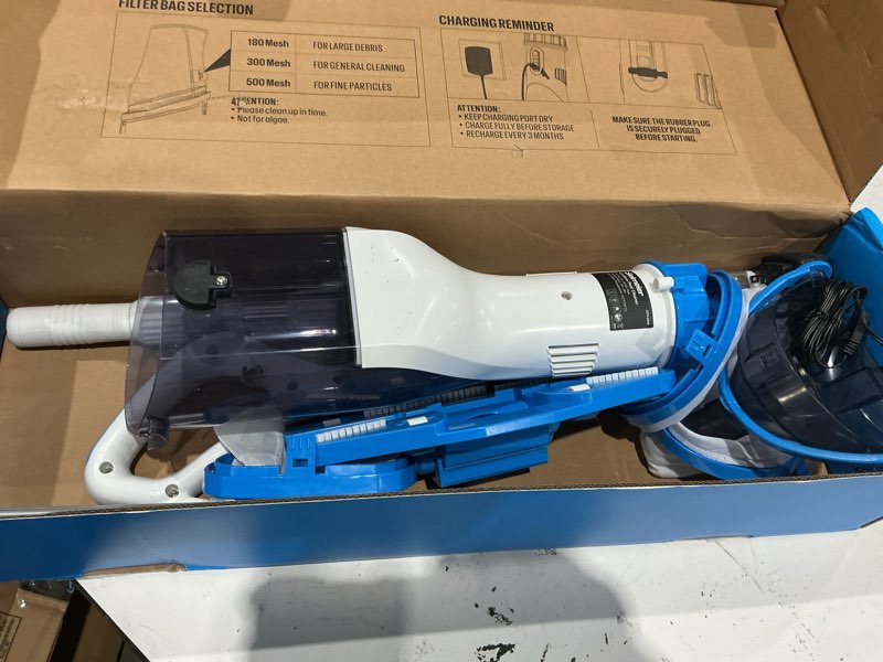 Condition photo showing As Is for bielmeier handheld pool vacuum with telescopic pole, updated swimming pool cleaner 19 gpm powerful suction, cordless pool vacuum for cleaning above ground pools, inground pools, spas, hot tubs blue