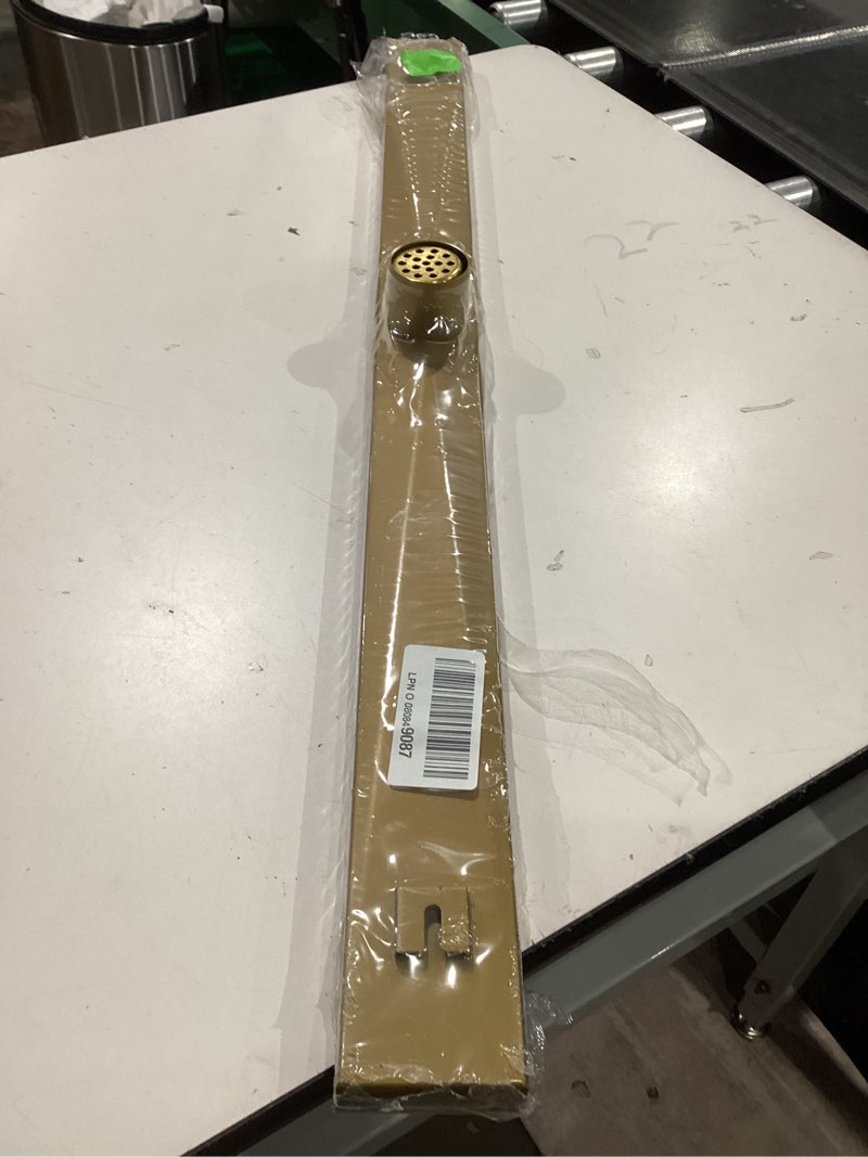 Condition photo showing Good Condition for gold shower drain, 36 inch linear shower drain with removable square hole cover grate, bathroom modern 304 stainless steel brushed gold shower floor drain with adjustable feet,hair strainer brushed gold 36in