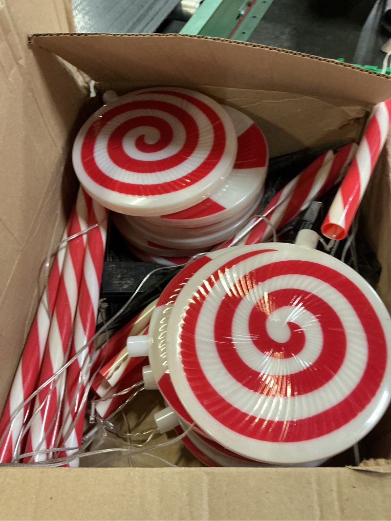 Condition photo showing As Is for jinei 12 pack lollipop christmas yard decorations lollipop candy signs with stakes diy christmas porch decor winter holiday outdoor indoor peppermint candy decorations for pathway lawn patio driveway