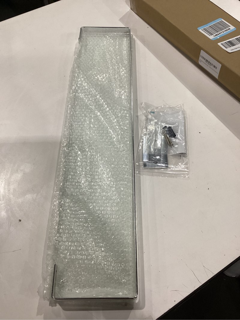Condition photo showing New/Like New for Bathroom Shelf Glass Shelves 23-Inch Floating Tempered Glass Shelf Rectangular Aluminum Wall Mounted Silver Polished Shelves for Kitchen Organizers