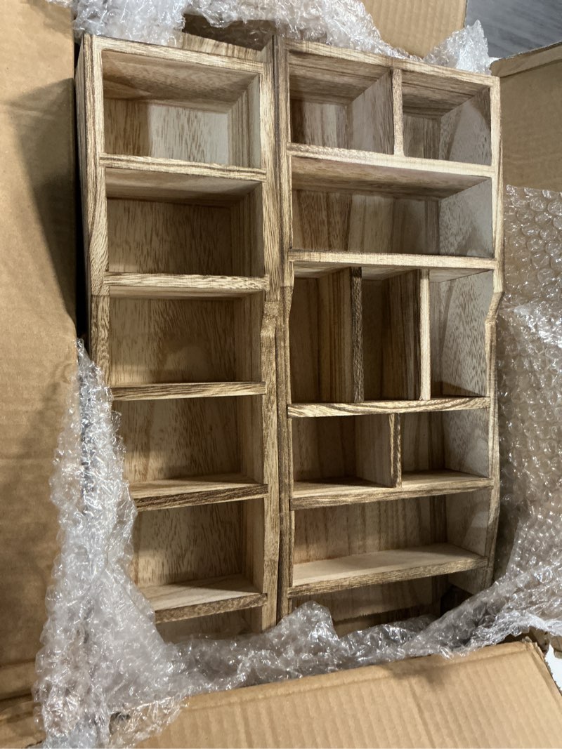 Condition photo showing Good Condition for 3 pack wood shadow box with 27 compartment, 16" x 10" x 2.5" rustic cubby display shelf, wall-mounted freestanding floating shelves, decorative collection display for figures, curio