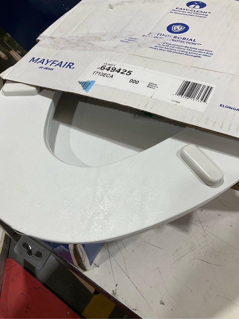 Condition photo showing As Is for mayfair by bemis eden cushioned vinyl white elongated padded toilet seat