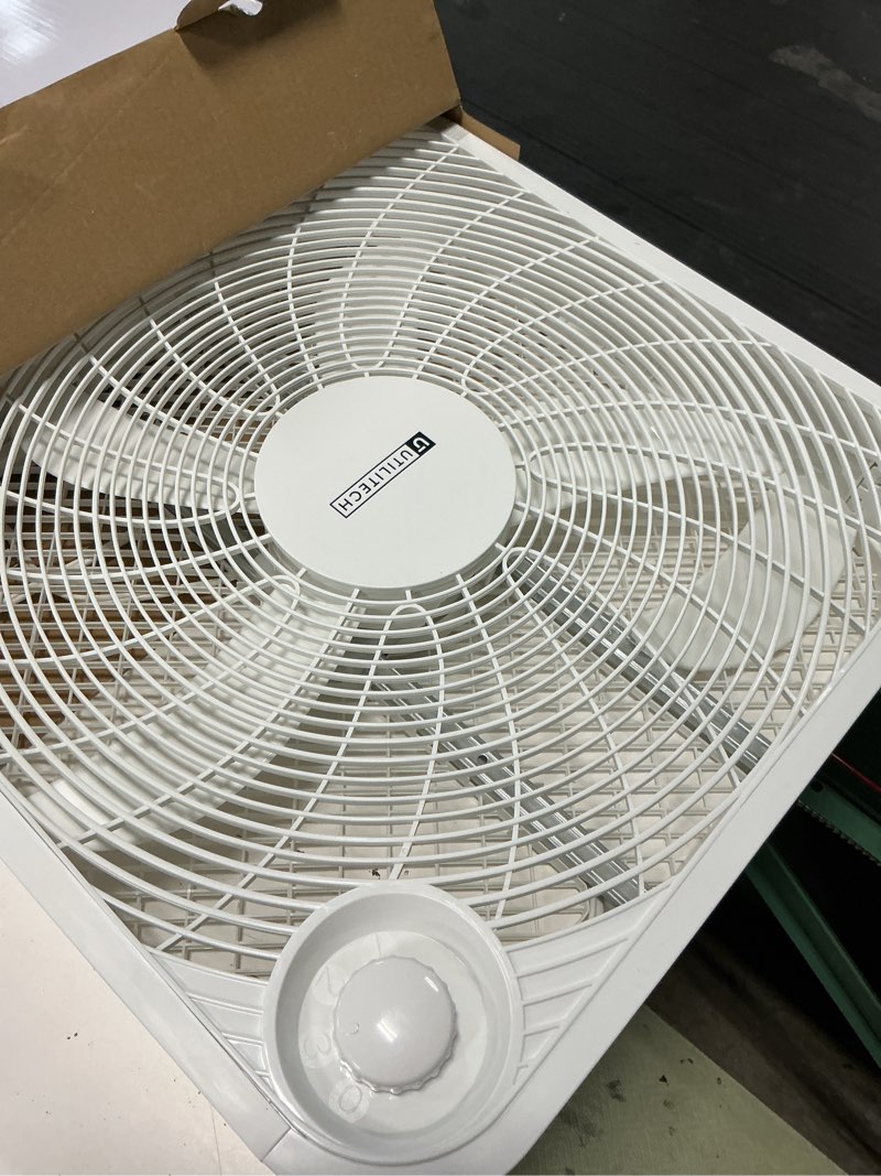 Condition photo showing As Is for utilitech 20-in 120-volt 3-speed high velocity indoor white box fan