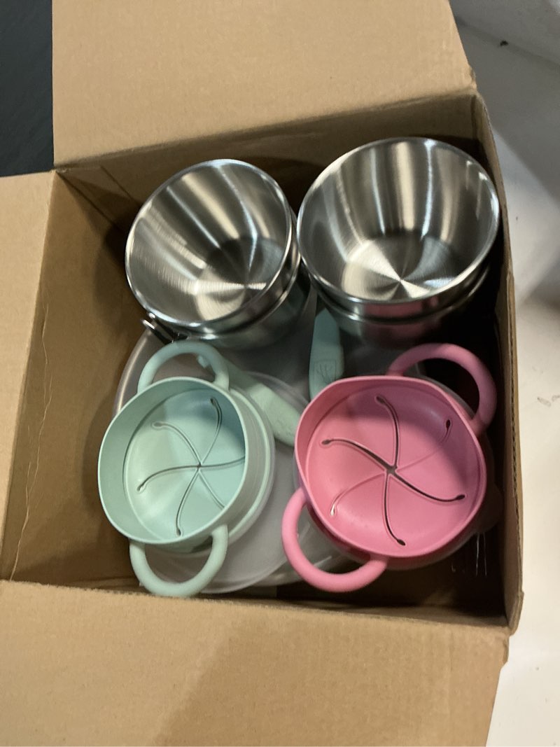 Condition photo showing As Is for elk and friends kids stainless steel mealtime bundle | plates, bowls, snack cups + toddler utensils | silicone sleeves + travel storage lids | for meals + snacks | dishwasher safe blush/sage (normal sleeves)