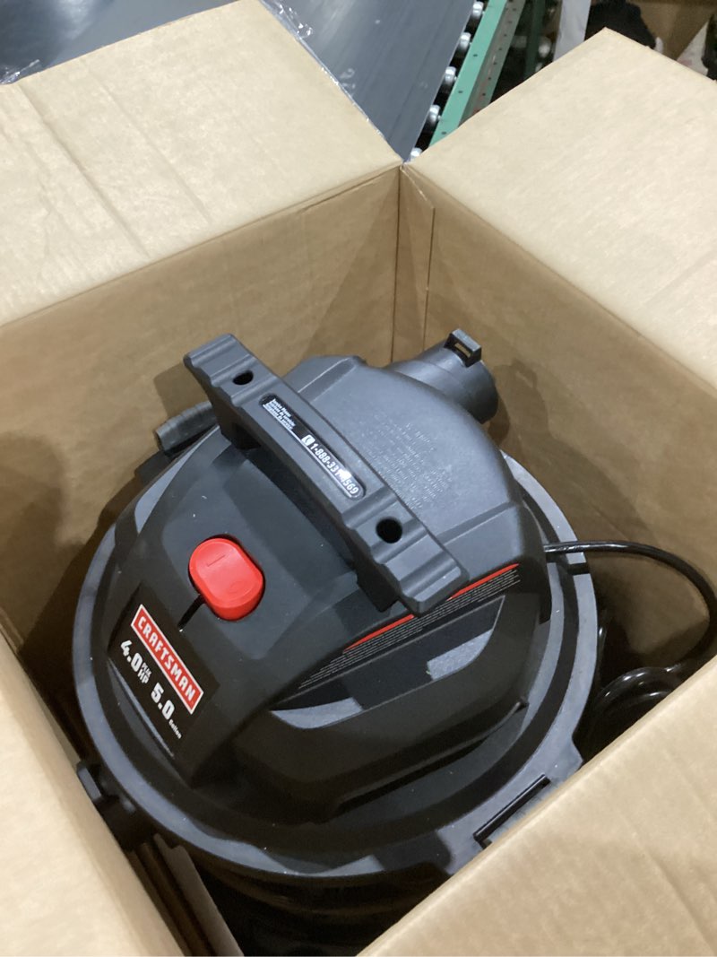Condition photo showing As Is for craftsman 5-gallon 4-hp corded wet/dry shop vacuum with accessories included