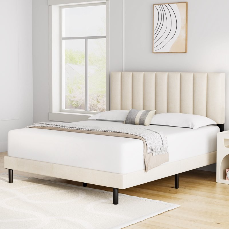 (Similar to stock photo)HAIIDE King Bed, King Platform Bed Frame with Upholstered Headboard,