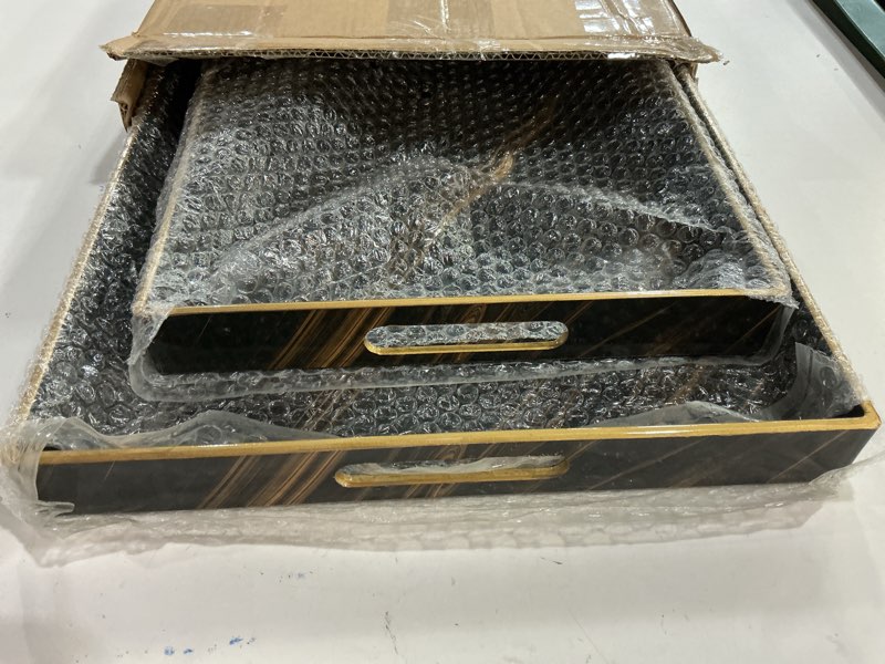 Condition photo showing New/Like New for Set of 2 Serving Tray,Plastic Marble Coffee Table Tray 18.9"x13.7"x1.6"/15.7"x11.8"x1.6" Food Trays for Eating on Lap Coffee Tray with Handles Rectangular Decorative Trays,Tea Trays for Serving Black Set of 2