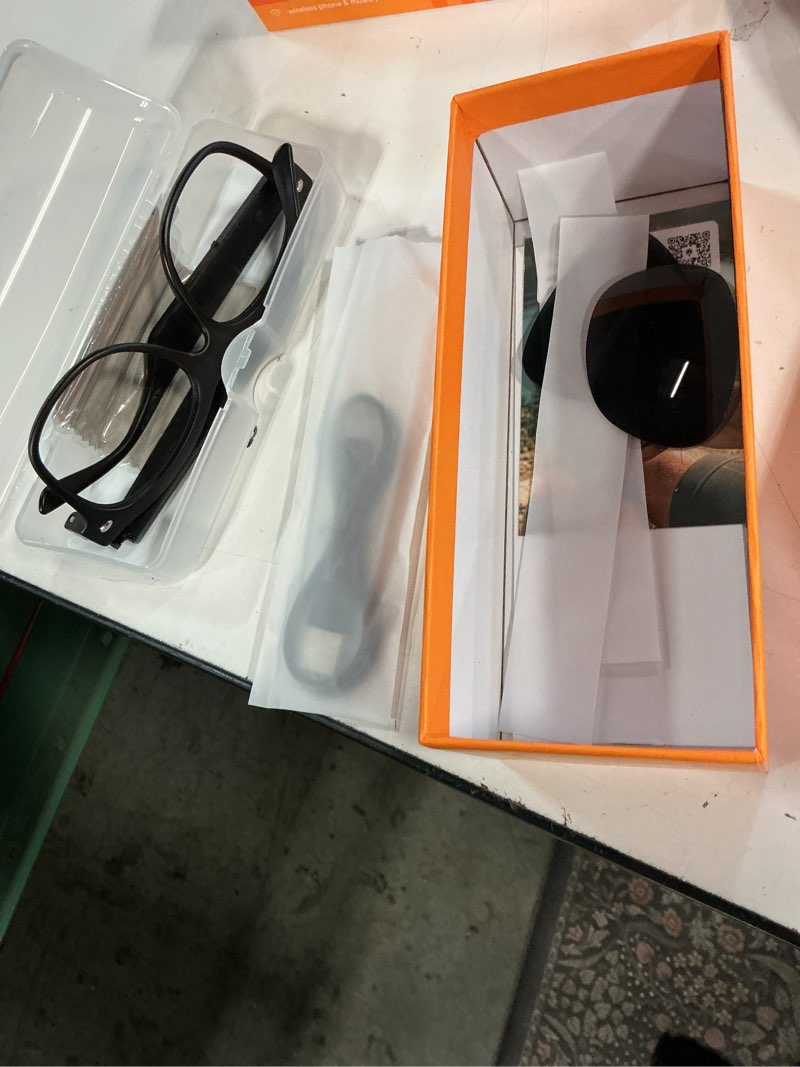 Condition photo showing As Is for weariq bluetooth smart glasses – matte black audio sunglasses – black polarized lenses, open-ear speaker, 10-hour playtime, hands-free calls, voice assistanthands-free calls & music