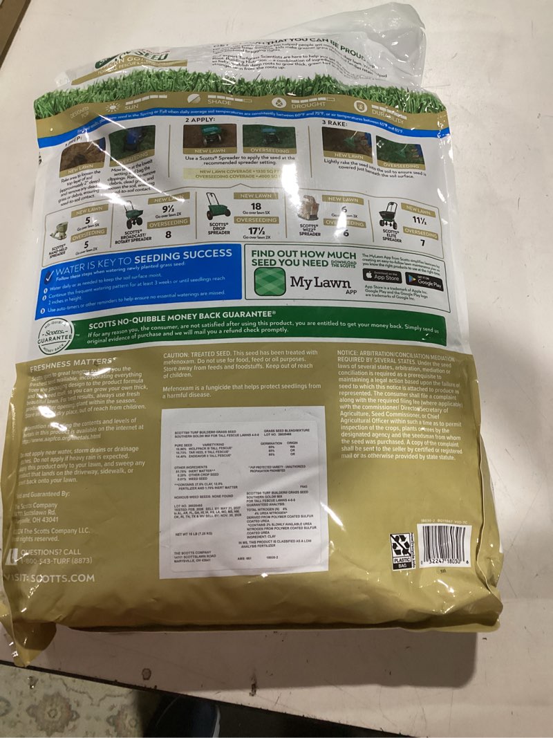 Condition photo showing New/Like New for scotts turf builder grass seed southern gold mix for tall fescue lawns with fertilizer and soil improver, 16 lbs.