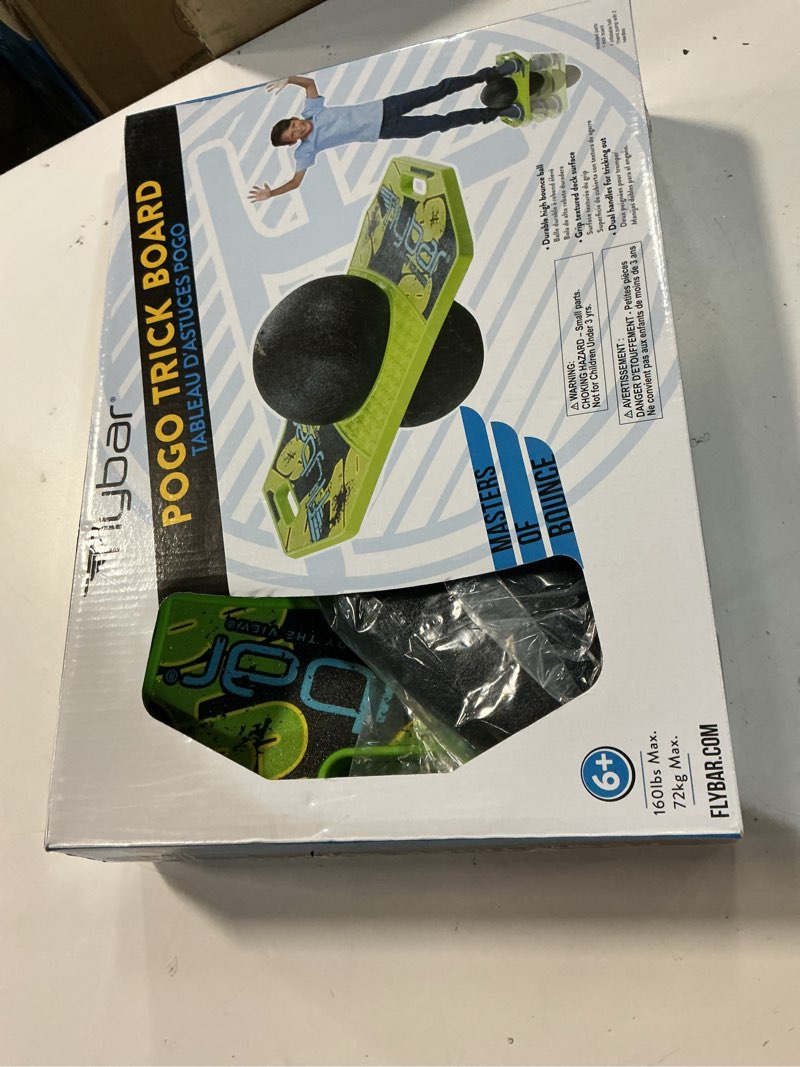 Condition photo showing New/Like New for flybar pogo trick ball for kids – balance bounce board with anti-slip deck – pump included - indoor & outdoor toys for boys and girls fun way to reduce screen time supports up to 160 lbs – ages 6+ green mean