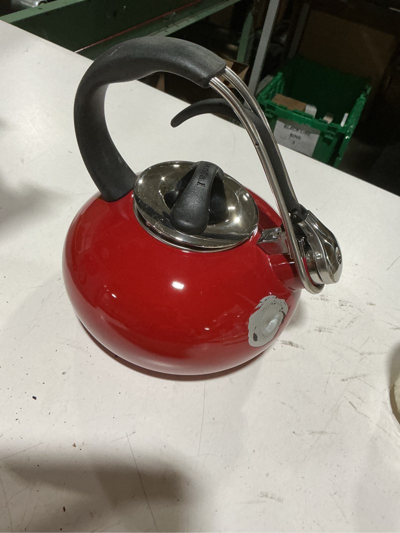 Condition photo showing As Is for chantal classic loop enamel-on-steel 1.8 quart teakettle, chili red