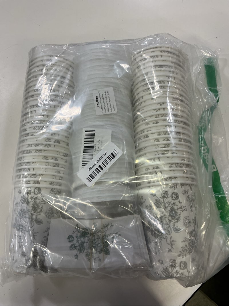 Condition photo showing Good Condition for 50pcs sage green floral disposable coffee cups with lids and sleeves | 12oz green white chinoiserie flower hot cold paper drinking cup for birthday wedding baby shower party supplies