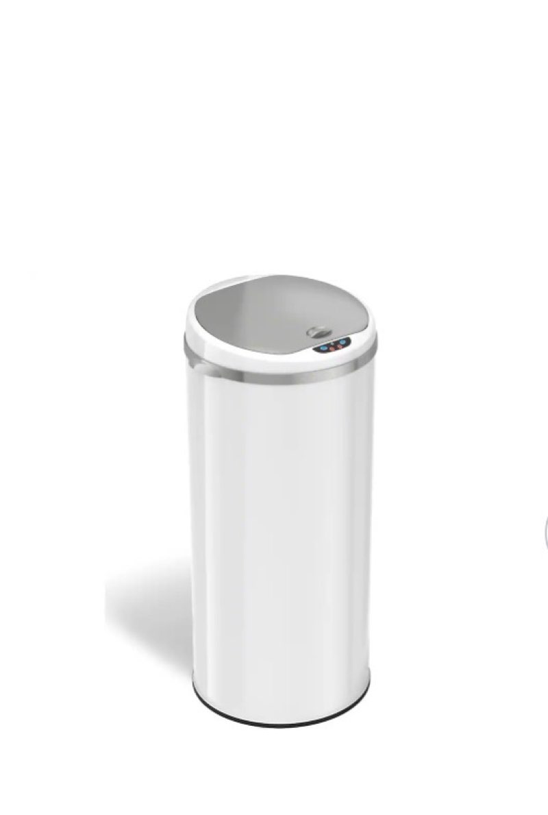 iTouchless - 13 Gallon Touchless Sensor Trash Can with AbsorbX Odor Control System, White Stainless Steel Round Shape Kitchen Bin - Pearl White