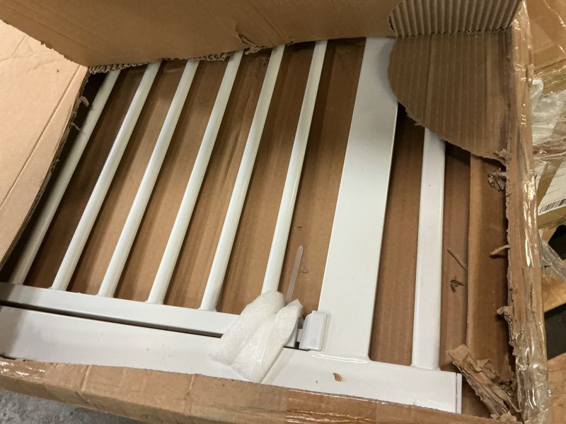 Condition photo showing As Is for No Pawblems 55.1" Extra Tall Pet Gate for Cat/Dog, 29.9-44.4" Wide Auto Close Tall Cat Gate, NO Drilling Pressure Mounted for Doorways/Hallways, 1.37" Narrower Bar Spacing, White White - S 55" Tall, 29.9-44.4" Wide