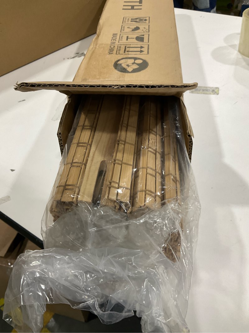 Condition photo showing New/Like New for Bamboo Roman Shades with Valance Cover, Cordless Blinds for Indoor Windows, Blackout Woven Wood Shades for Home & Patio, Privacy Protection, 24" W x 64" H, Carbonized Privacy-carbonized 24"W x 64"H