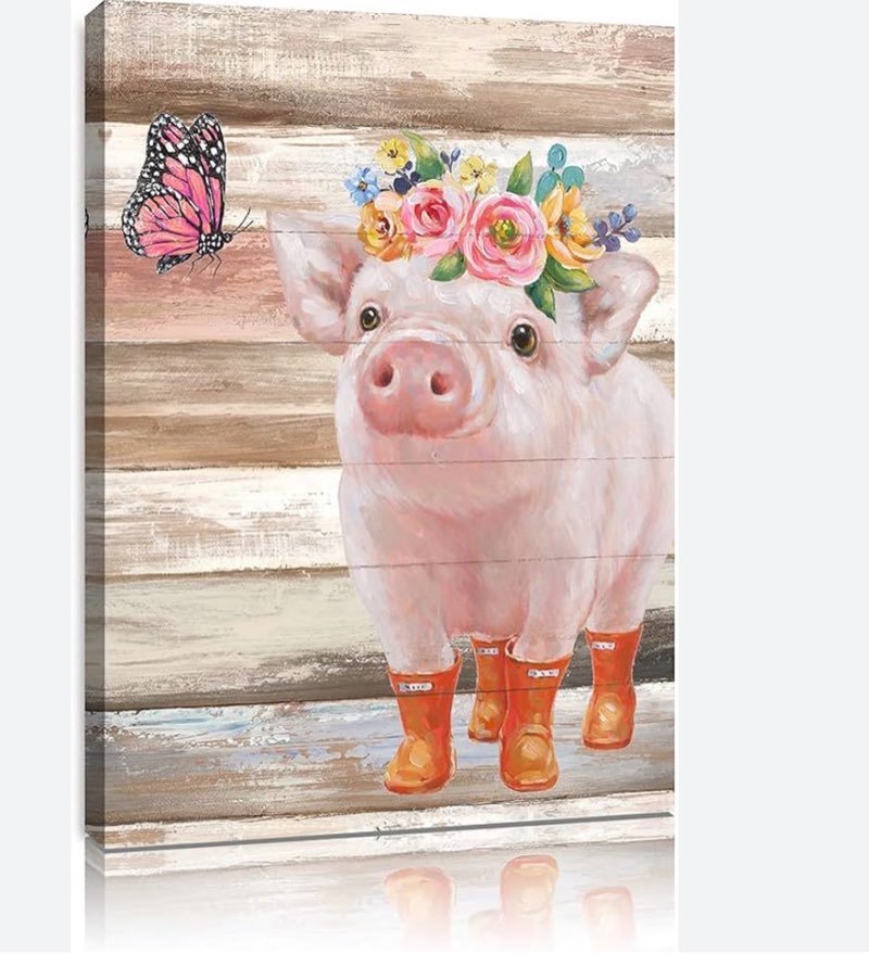 Funny Piggy and Pink Butterfly Pig Pictures Wall Art Farmhouse Wall Decor Farm Animal 