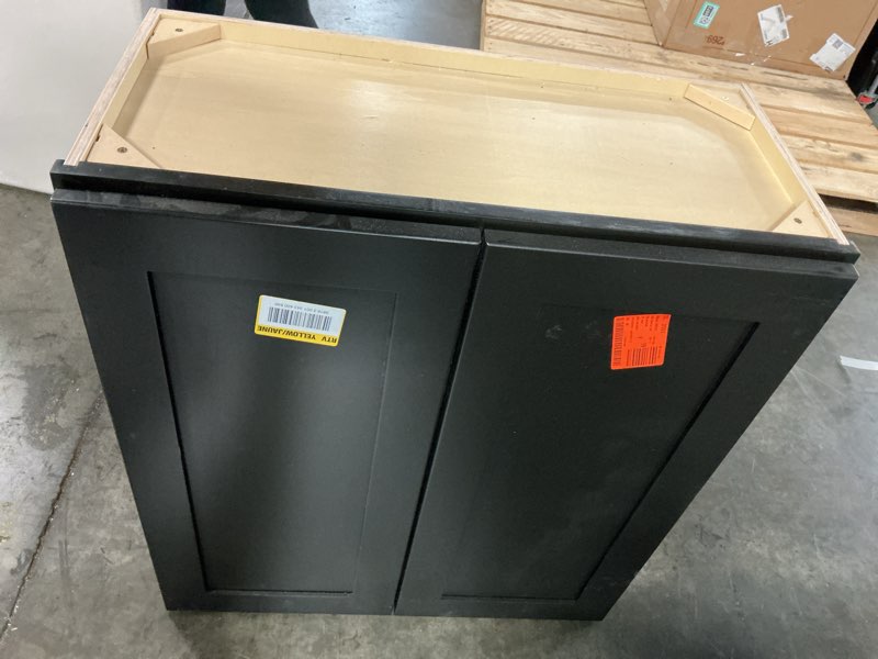 Condition photo showing Good Condition for customer reviews for hampton bay avondale 27 in. w x 12 in. d x 30 in. h ready to assemble plywood shaker wall kitchen cabinet in raven black 