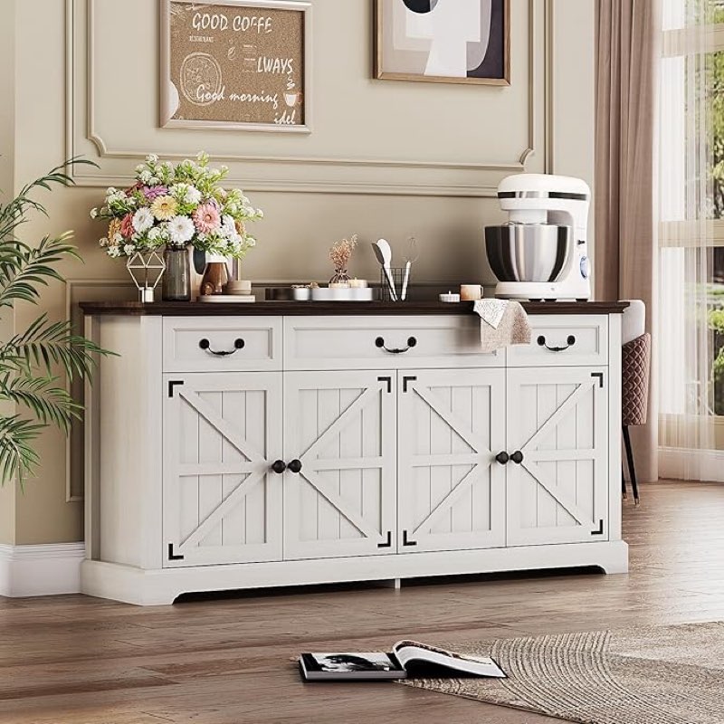  Buffet Cabinet with Drawers, 65" Large Kitchen Storage Cabinet with 3 Drawers and 4 Doors,Wood Coffee Bar Buffet Table,Wine Bar Storage Case for Kitchen Dining Room, Living Room, White