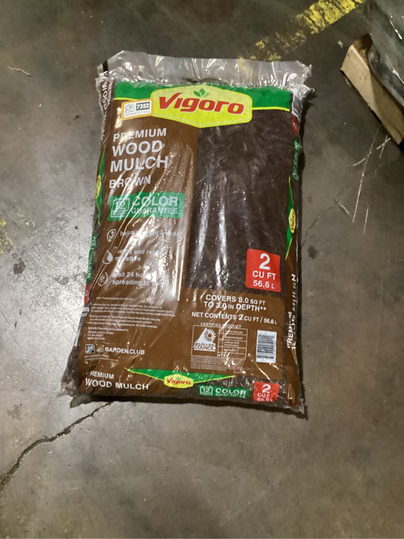 Condition photo showing New/Like New for vigoro vigoro 2 cu. ft. premium brown wood shredded bagged mulch