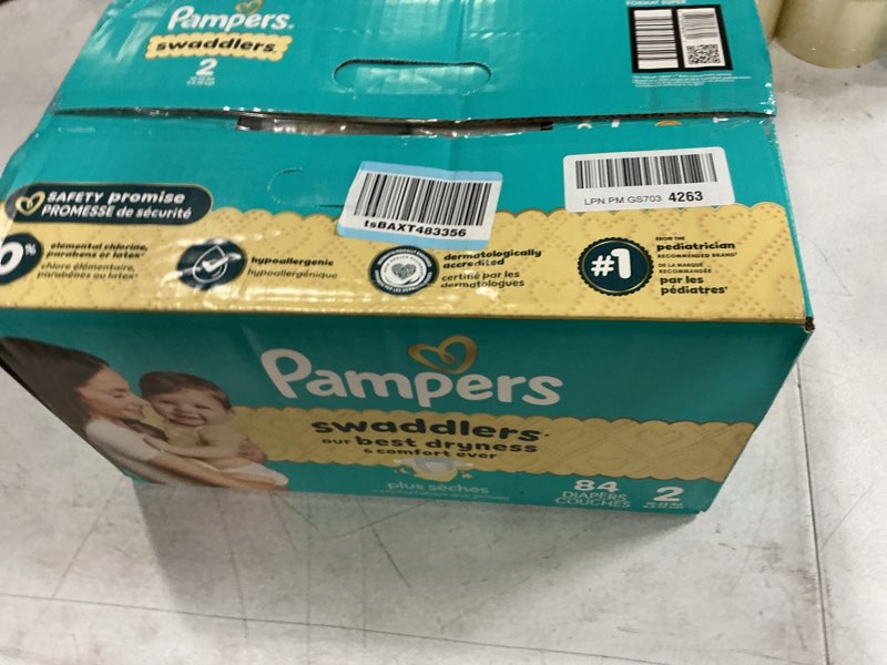 Condition photo showing New/Like New for pampers swaddlers diapers, size 2 (10-22 lbs), 84 count, absorbent, keeps baby dry and comfortable, skin safe disposable baby diaper (packaging may vary) size 2 84