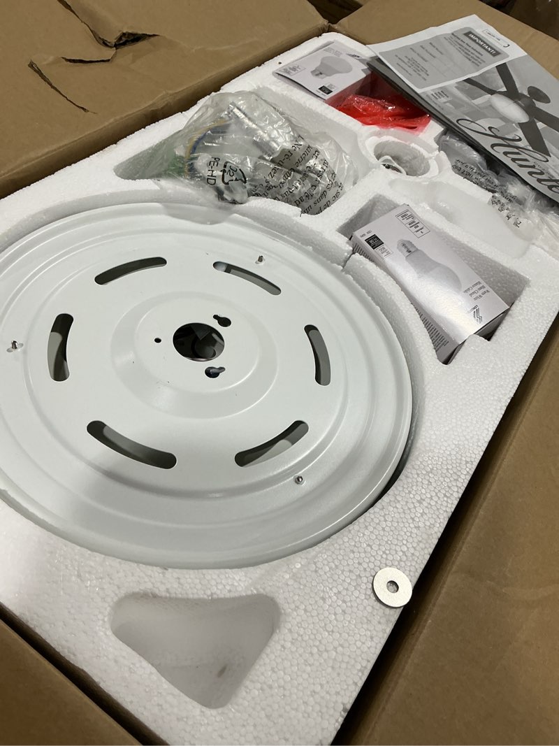 Condition photo showing As Is for Hunter 52 inch Outdoor or Indoor Ceiling Fan with LED Light and Remote Control - White Ceiling Fan, Standard Mount, 4 Blades, For Patio, Porch, Garage, or Living Room - Dempsey 59252, Fresh White Fresh White finish