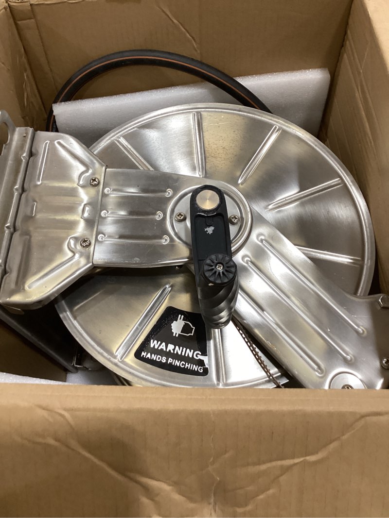 Condition photo showing As Is for giraffe tools stainless steel garden hose reel heavy duty, wall/floor mounted stainless water hose reel retractable with crank, 150-feet 5/8" hose capacity 150 ft capacity without hose