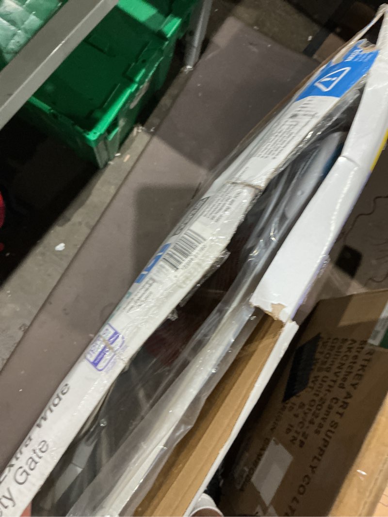 Condition photo showing As Is for regalo safety 29-38.5" baby gate for doorways & bottom of stairs, pressure mounted baby gate with door for babies, toddlers & pets, tested & safe for 30 years, american designed, american owned, white white 29-38.5"w x 30"h