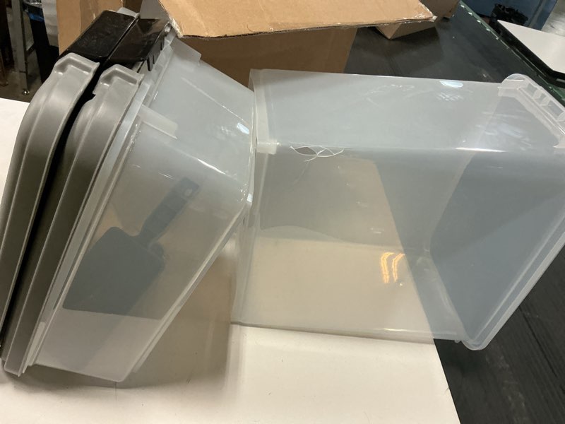 Condition photo showing As Is for amazon basics 3-piece airtight pet food storage container combo with scoop, bpa free, removable wheels, 33 qt + 12 qt 45 qt (33 qt + 12 qt)