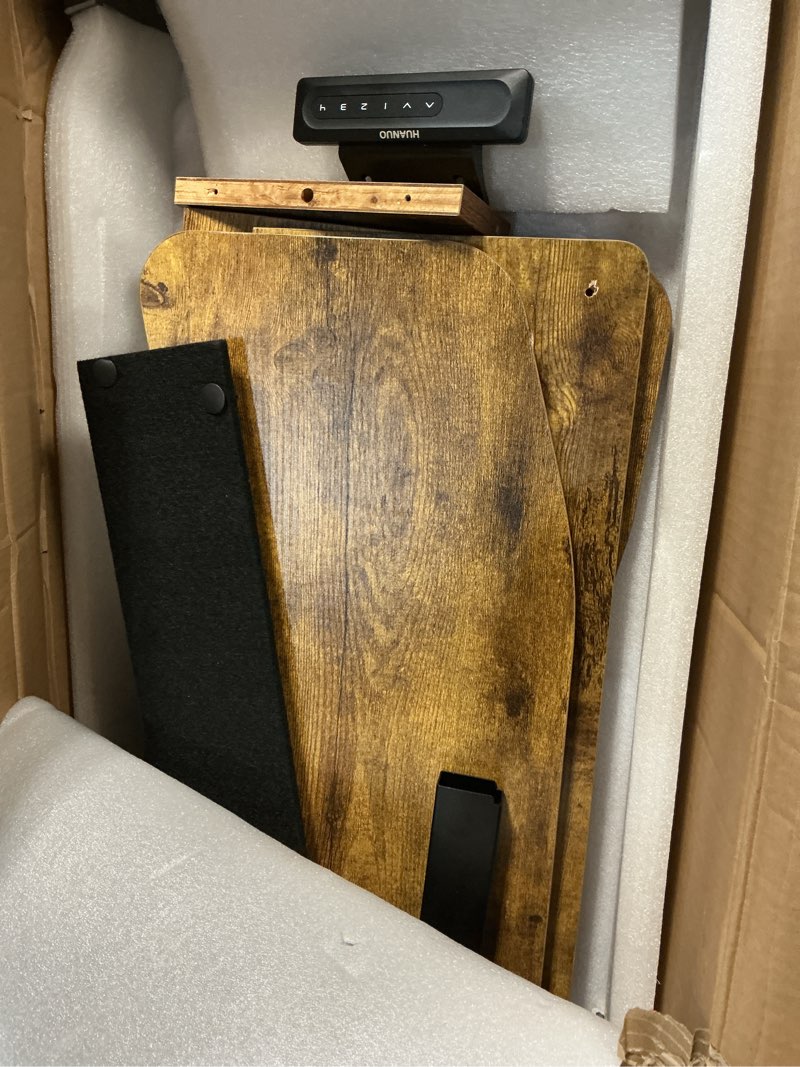 Condition photo showing As Is for HUANUO 48? x 24? Electric Standing Desk with 2 Drawers, C-Clamp Mount Compatible, Height Adjustable Computer Desk, Home Office Stand Up Desk with 4 Preset Heights & 2 Hooks, Vintage Brown