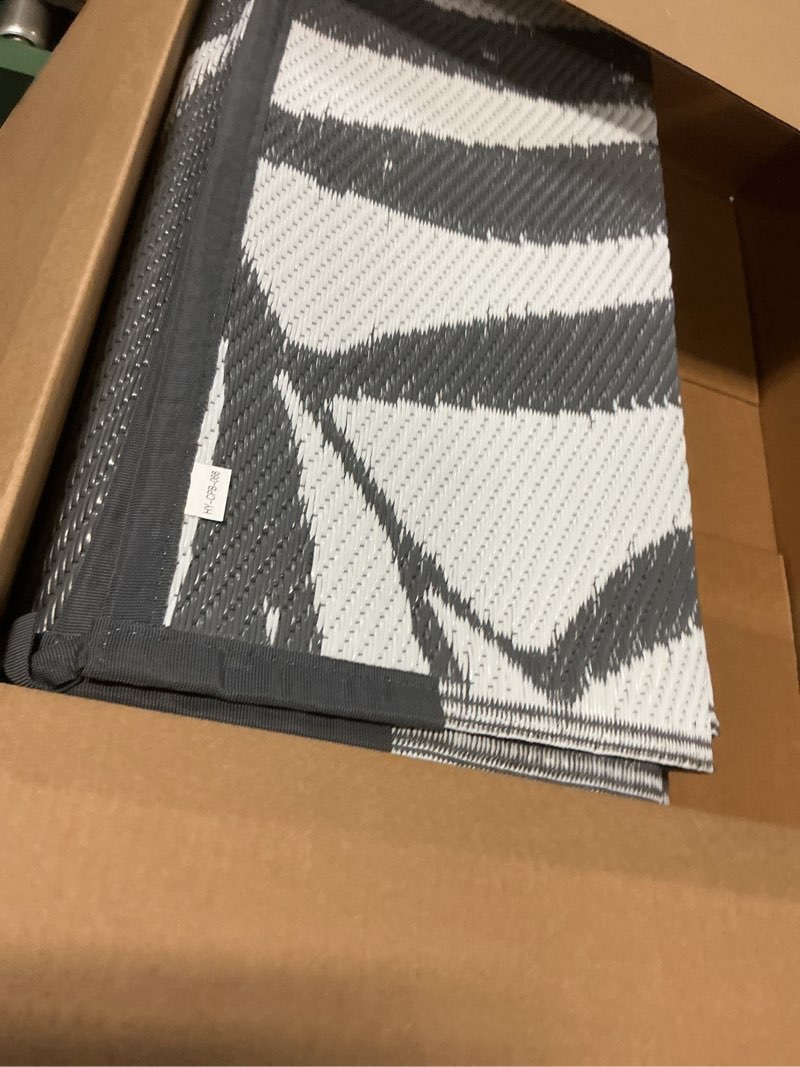 Condition photo showing Good Condition for OLANLY Waterproof Outdoor Rug 9x12 ft, Reversible Outdoor Plastic Straw Rug with Leaf Pattern, RV Mat, Indoor Outdoor Carpet for Patio, Camping, Balcony, Deck, Backyard, Grey & White Grey & White 9' x 12' (Rectangular)