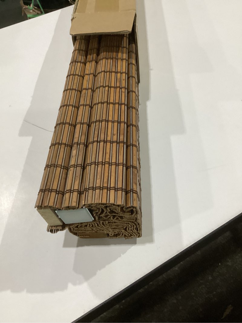 Condition photo showing Good Condition for no drill no tools bamboo roman shades, cordless light filtering window blinds with valance, natural woven wood shades for living room dining room, brown, 22" w x 64" h brown 22"w x 64"h