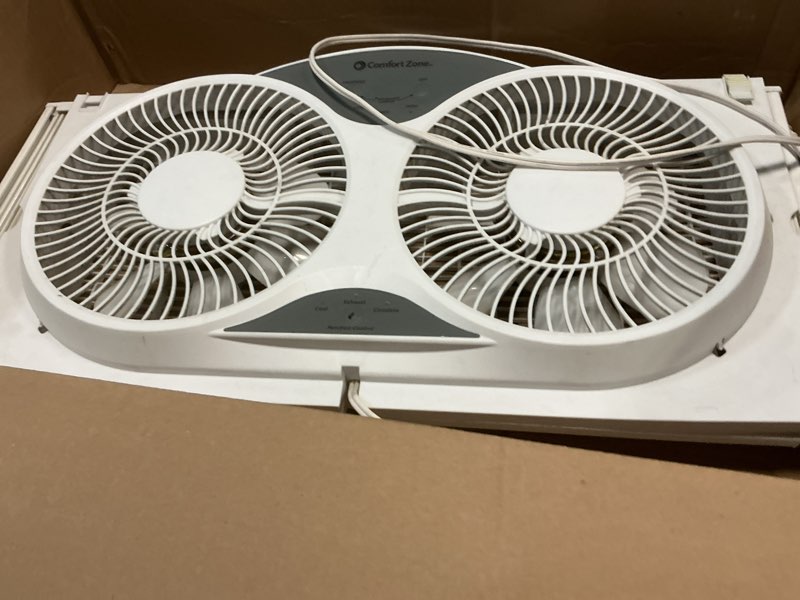 Condition photo showing As Is for Comfort Zone Twin Window Fan with Remote Control, Removable Cover, Reversible, 9 inch, 3 Speed, 3 Function, Expandable, Exhaust, Airflow 8.40 ft/sec, Ideal for Home, Kitchen, Bedroom & Office, CZ310R White 3-Speed w/Remote